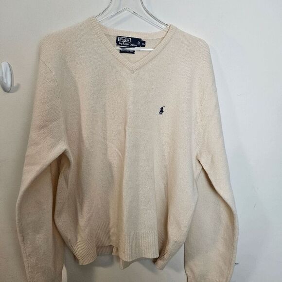 Vintage Polo Ralph Lauren100% Lambswool V-neck Long Sleeve Sweater Mens Cream Si - Picture 1 of 4